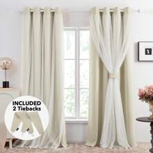 2pcs Sheer Overlay Blackout Curtains, Room Darkening Curtains For Bedroom, Living Room, Grommet Double Layer Thermal Insulated Curtains With Tie Backs - Light Beige - View 5