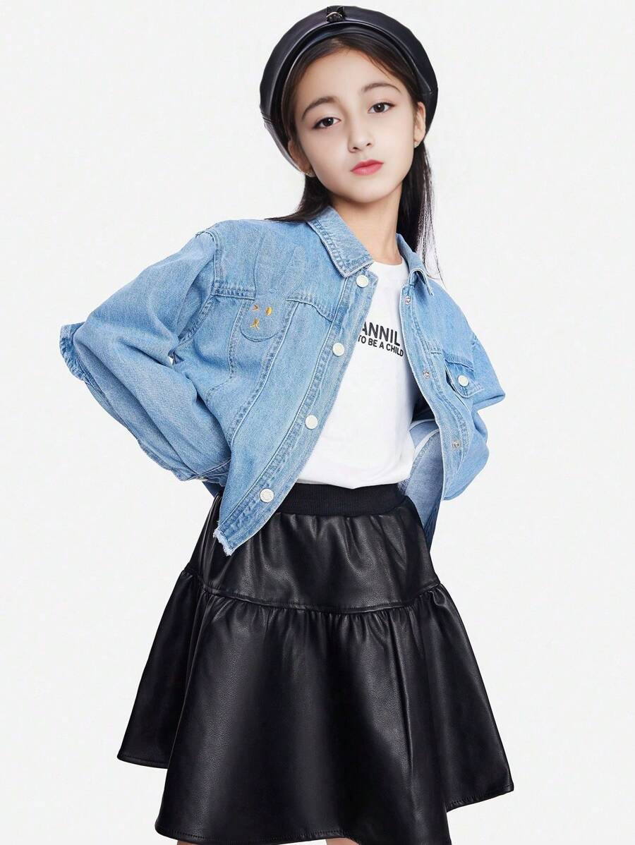 Annil Tween 女童服装牛仔夹克外套春秋款清新柔美趣味卡通兔子上衣 - 淺藍色 - 查看 1