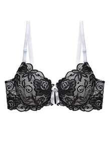 Sujetador push-up con encaje y aros, estilo sexy, copa B, lencería - Negro - Ver 6