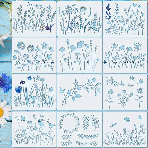 12 piezas Plantillas de flores para pintar, plantillas reutilizables para manualidades, plantillas de arte DIY para muebles, pisos de madera, paredes, plantillas de flores silvestres para pintura, plantillas para pared, plantillas reutilizables de primavera, plantillas de dibujo DIY de PET para pintar en madera, pared, decoración del hogar, de vuelta a la escuela, útiles escolares