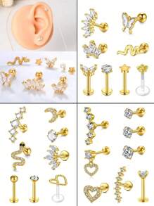 CIZME 8 件/套软骨耳环耳轮穿孔首饰女士不锈钢蛇花蝴蝶心月亮星星 CZ 海螺耳甲耳屏穿孔首饰螺丝背耳钉，软骨耳环不锈钢耳钉平背软骨海螺耳轮穿孔首饰女士，耳轮耳环女士平背软骨耳环不锈钢平背耳钉唇钉海螺耳轮软骨耳屏穿孔首饰 - 金黃色 - 查看 7