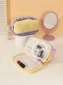 Multipurpose Cosmetic Bag With Large Capacity, Double-Layered, Highly Attractive Puff Cream Toast Design, Portable Pillow Shape, Suitable For Women At Home And On Travel - Multicolor - View 1