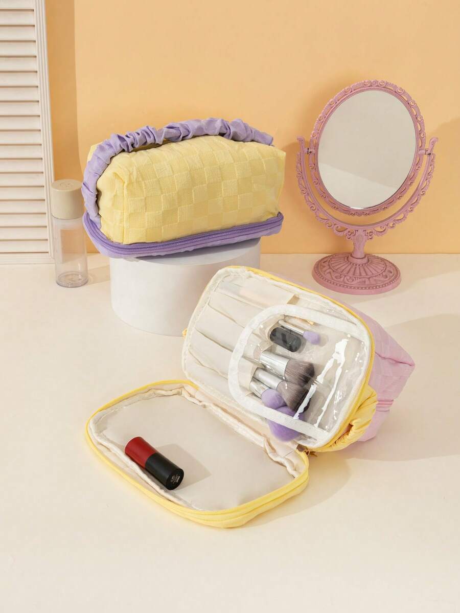 Multipurpose Cosmetic Bag With Large Capacity, Double-Layered, Highly Attractive Puff Cream Toast Design, Portable Pillow Shape, Suitable For Women At Home And On Travel - Multicolor - View 1