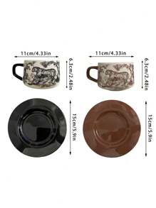 1入組250ml復古豪華瓷咖啡杯和茶碟套裝，手繪老虎拿鐵，精美下午茶杯禮物 - 彩色 - 查看 4