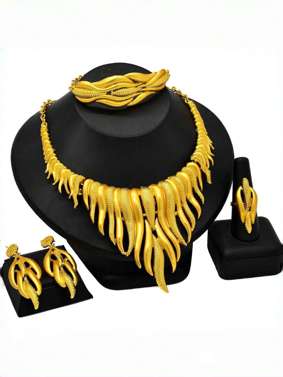 5pcs Dubai India Luxury Gold-Color Exaggerated Jewelry Set, Including Necklace, Earrings, Bracelet & Ring, Suitable For Attending Parties And Festivals - Yellow Gold - View 1