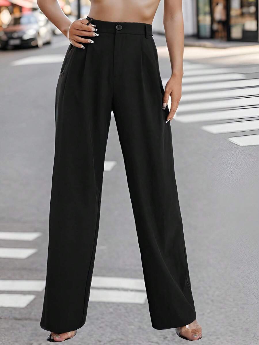 Women's Buckle High Waist Wide Leg Trousers - 黑色 - 查看 1