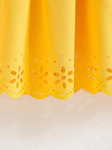 Young Girl Cute Hollow Out Crown Printed Dress With Bow Belt And Round Neck Short Sleeve