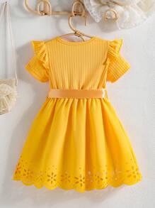 Young Girl Cute Hollow Out Crown Printed Dress With Bow Belt And Round Neck Short Sleeve