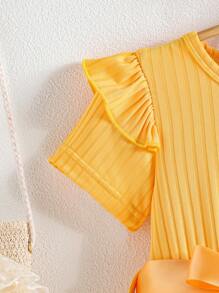 Young Girl Cute Hollow Out Crown Printed Dress With Bow Belt And Round Neck Short Sleeve