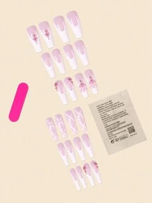 24pcs Long Square False Nails, White French Manicure With Pink Bows, Flowers, Pearls Nail Art + Jelly Gel + Nail File Press On Nails Nail Supplies - Pink - View 2