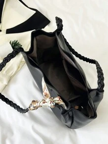 女士百搭纯色手提包，Malist PU 皮革大容量单肩包，带丝巾装饰，轻便大容量托特包，适合日常办公使用，时尚防水耐用方形托特包，母亲节礼物 - 黑色 - 查看 4