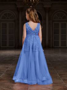 Tween Girl's Glitter Waist Mesh Splice Sleeveless Party Romper - Baby Blue - View 2
