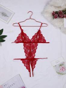 Sexy Crotchless Lace Lingerie Teddy With Deep-V Plunge & Cutouts - Red - View 6