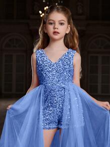 Tween Girl's Glitter Waist Mesh Splice Sleeveless Party Romper - Baby Blue - View 7