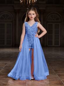 Tween Girl's Glitter Waist Mesh Splice Sleeveless Party Romper - Baby Blue - View 1