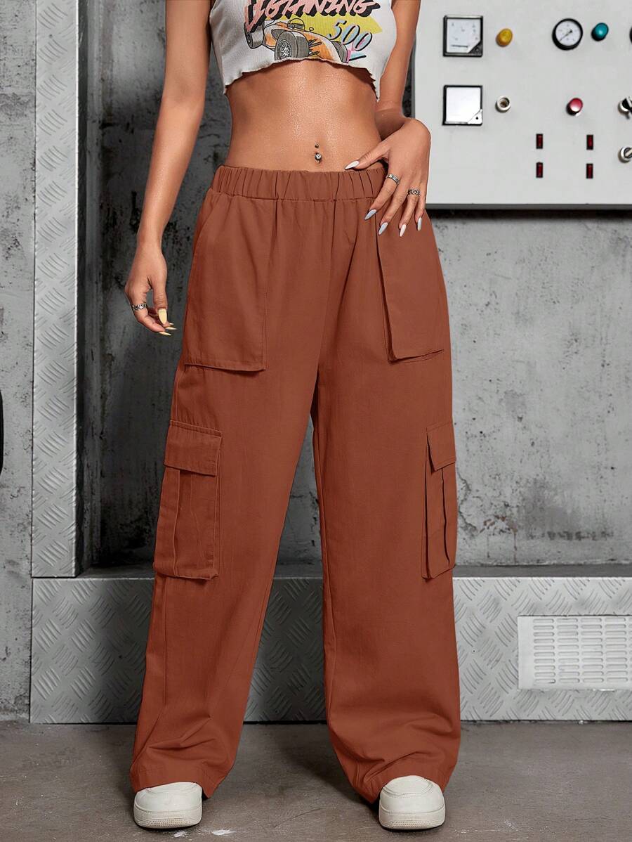 Women's Cargo Pants, High Waist, Elastic With Lycra, With Side Pockets, Sophisticated, Blogger - 鏽棕色 - 查看 1