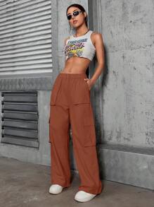 Women's Cargo Pants, High Waist, Elastic With Lycra, With Side Pockets, Sophisticated, Blogger - 鏽棕色 - 查看 3