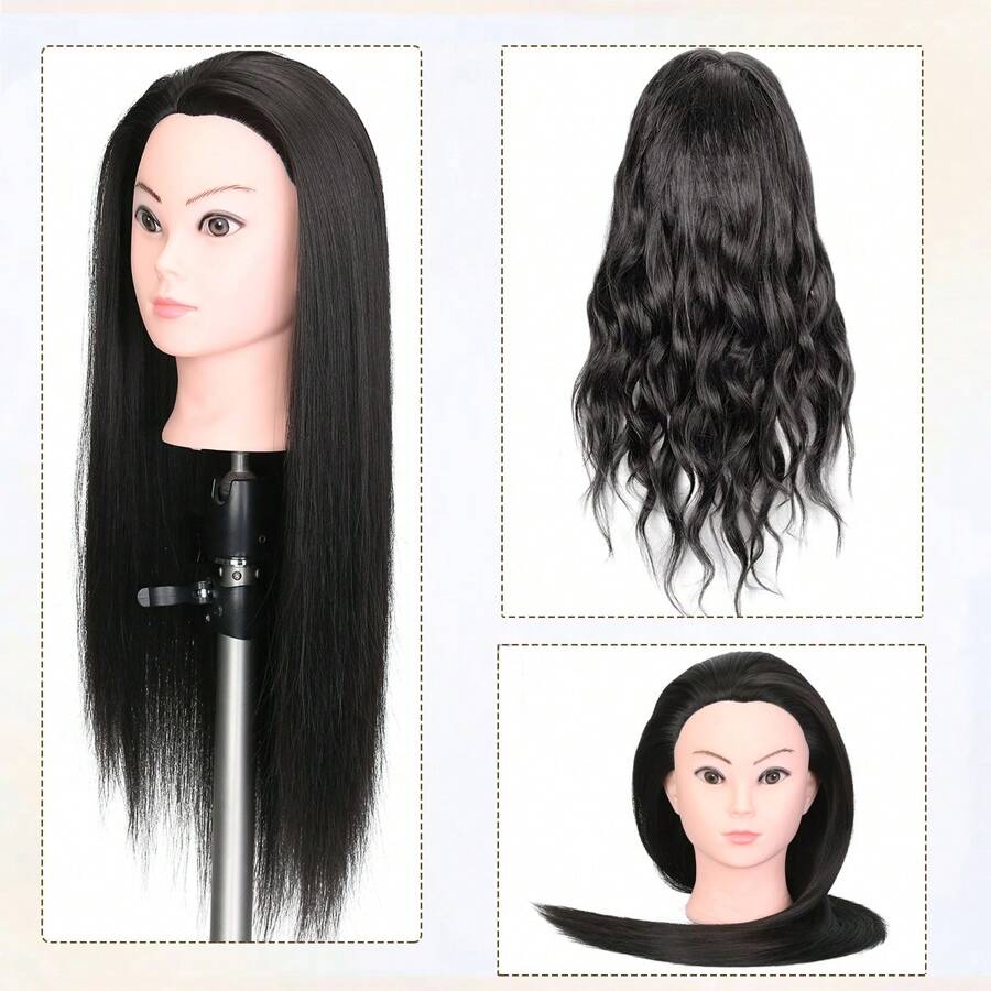 Đầu ma-nơ-canh 25 Inch Tóc đen Sợi tổng hợp Đầu Manikin Thợ làm tóc Đào tạo tạo kiểu Đầu đào tạo Mô hình thẩm mỹ Đầu búp bê Tóc để thực hành Cắt bện - màu đen - Xem 1