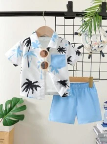 男宝宝休闲椰子树印花短袖衬衫和短裤套装，适合假期夏季 - 藍色 - 查看 1