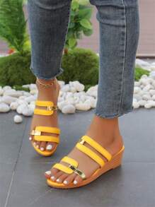 Women's Platform Slide Sandals, 2025 Summer College Style Plus Size New Color Blocking Open Toe Beach Sports Flat Sandals, Suggested Order 1 Size Larger According To Size Guide - Yellow - View 6