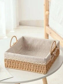 2pcs/Set Rattan Woven Desktop Storage Basket, Household Coffee Table Paper Rope Storage Box For Cosmetics, Remote Control, And Other Sundries Organization - Apricot - View 4