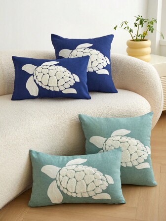 All-Season Ocean Outdoor Waterproof Fabric Turtle Embroidery Pillow Cover For Home Decoration Or Outdoor Parties, 1pc