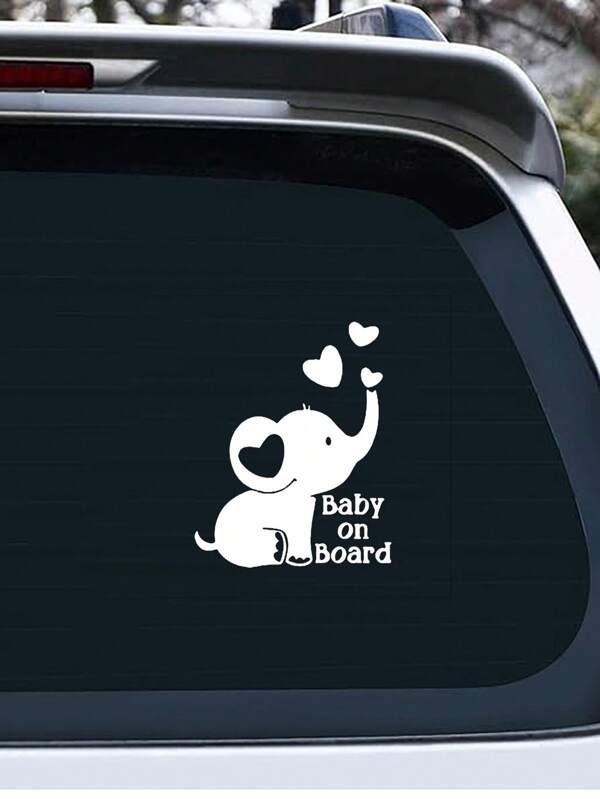 1pc Silver Reflective Baby On Board Car Sticker With Elephant And Heart Pattern, Window Glass Decorative Warning Decal For Baby Stroller