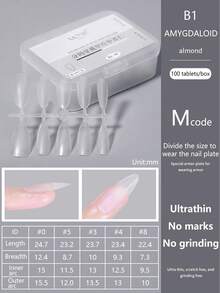 100入/盒透明中短杏仁三種尺寸假指甲，法式全覆蓋壓克力軟膠贈1入美甲文件，美甲沙龍DIY家用貼片美甲用品 - 無色 - 查看 11