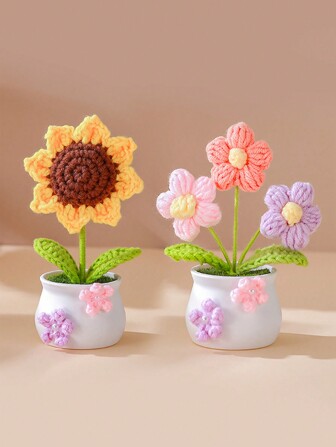 Hand Knit Finished 1pc Artificial Tulip Sunflower , Woolen Flower Potted Plant Decor For Home, Mother's Day, Valentine's Day, Birthday, Anniversary Present Suitable For Mom, Girlfriend, Festival Decor, Party Decoration, Home Decor, Room Decor (Please Pay Attention To The Size Of The Product,The Product Size Is Approximately The Same Length As A Palm. Additionally, As The Product Is Handmade, There May Be Floating Hairs), Valentine Day, Gift Gifts Graduation