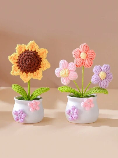 Hand Knit Finished 1pc Artificial Tulip Sunflower , Woolen Flower Potted Plant Decor For Home, Mother's Day, Valentine's Day, Birthday, Anniversary Present Suitable For Mom, Girlfriend, Festival Decor, Party Decoration, Home Decor, Room Decor (Please Pay Attention To The Size Of The Product,The Product Size Is Approximately The Same Length As A Palm. Additionally, As The Product Is Handmade, There May Be Floating Hairs), Valentine Day, Gift Gifts Graduation