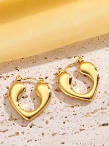 1對空心心形極簡時尚復古18K鍍金不鏽鋼耳環，適用於女性在派對、日常通勤等場合佩戴，多功能配件 - 心形 - 查看 1