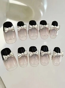 10pcs/Set Handmade Press On Nails Medium,Sparkling Bow Decoration Nail Art,Women Girls Manicure Decorations,Reusable Nails,Gifts For Ladies Nail Supplies