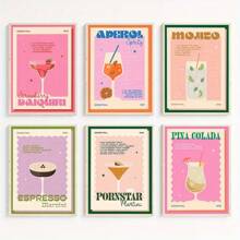 6 pièces Œuvre murale sur canevas d'art mural de boissons cocktail rétro, décoration murale de boissons colorées, peinture murale d'œuvre d'art esthétique de chambre préparatoire mignonne, pour la décoration murale du salon, de la chambre, de la salle de bain, du restaurant, du bar, du couloir, de la cuisine. Cadre en option.