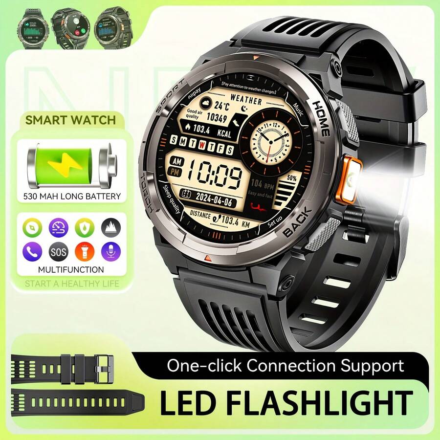 EIGIIS Smartwatch para hombres resistente al agua 3ATM con linterna LED 1.45" Reloj inteligente resistente con brújula, altímetro, barómetro, rastreador de deportes y salud, monitor de sueño compatible con iPhone y Android