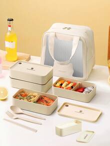 WORTHBUY 隨身攜帶雙層便當盒套裝，附餐具和保溫袋，可微波加熱的水果沙拉食物盒，適用於學生和上班族 - 彩色 - 查看 8