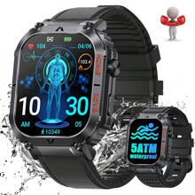 EIGIIS 1 件男士智能手表（接听/拨打电话），2.02 英寸高清大屏幕 5ATM 防水户外坚固智能手表，带指南针计步器消息通知睡眠监测器 100+ 运动模式健身追踪器，适用于 Android IOS - 黑色 - 查看 2