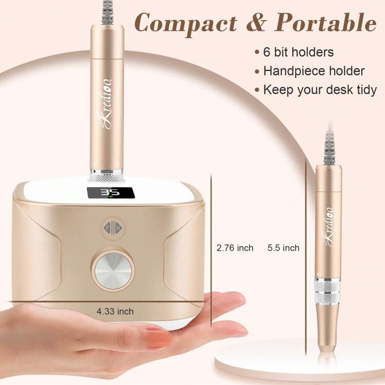 kredioo 35.000 giri/min Trapano elettrico per unghie, Manicure e Pedicure Professionale, Set Rimozione Smalto Gel e Unghie Acriliche, Include 11 Punte Trapano, Scatola di Stoccaggio Integrata, Sostituzione Punta Trapano a Blocco Rotante, Adatto per Principianti, Colore Champagne - Spina tipo C UE (220-240 V) - Visualizzare 3