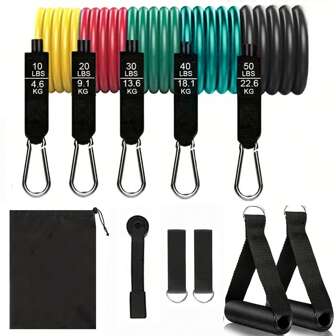 11 Pieces Resistance Band Set With Door Anchor, Handle, And Handbag, Suitable For Yoga, Pilates, Fitness Strength Training, And Home Exercise. Gym Accessories