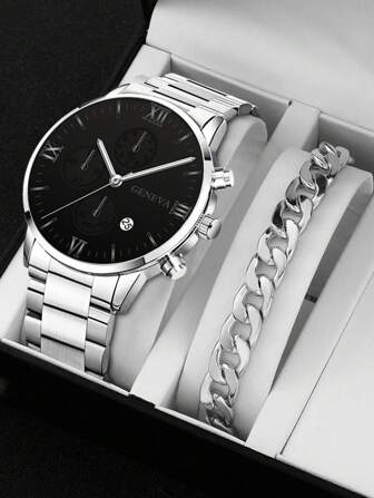 1pc Silver Men's Calendar Quartz Fashion Watch + 1pc Men's Stainless Steel Business Bracelet Watch