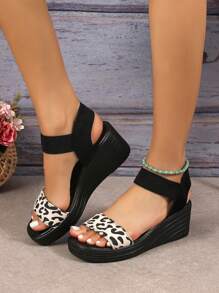 SHIHUA Women's Wedge Platform Sandals, 2024 Summer New Arrival Simple & Versatile Slip-On Casual Leopard Print Waterproof Thick Bottom Comfortable Shoes