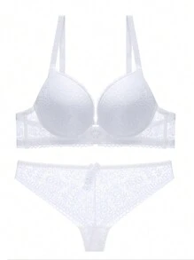 Solid Color Sexy Lace Bra Set With Underwire For Women Including Underwear Set - White - View 6