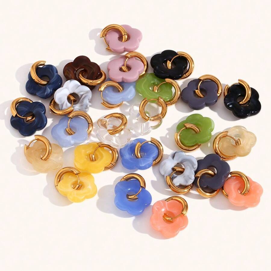 1 对时尚不锈钢彩色花朵耳环，18K 镀金，简约时尚耳钉，适合女性日常佩戴情人节、妈妈、母亲、母亲节、礼物 - 花朵 - 查看 1