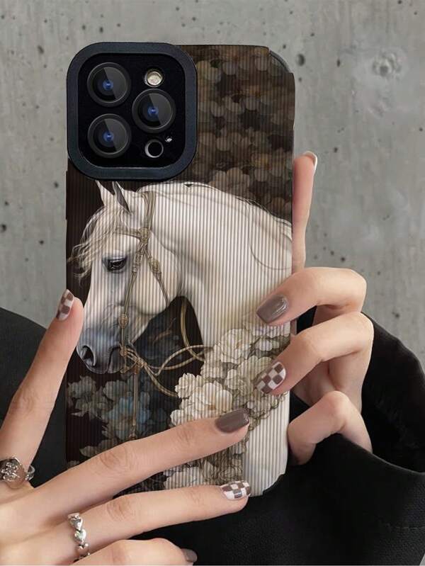 1 pièce Élégant étui de protection pour téléphone en faux texturé avec motif floral et cavalier, compatible avec iPhone & S16/S16 Plus/S16 Pro/S16 Pro Max