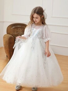 Vestido de tul de maya blanco para niña de las flores para boda, vestido largo formal de alta gama para niñas - Blanco - Ver 5