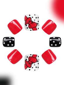 Set de arte de uñas elegante y de cutis justo con 24 piezas brillantes, adorables y a la moda con diseño de lunares y lazo rojo envolver para dedos de los pies, juego completo de manicura para mujeres con uñas postizas, adecuado para fiestas, fiestas de baile y uso diario, suministros de uñas uñas falsas uña falsa uña acrílica
