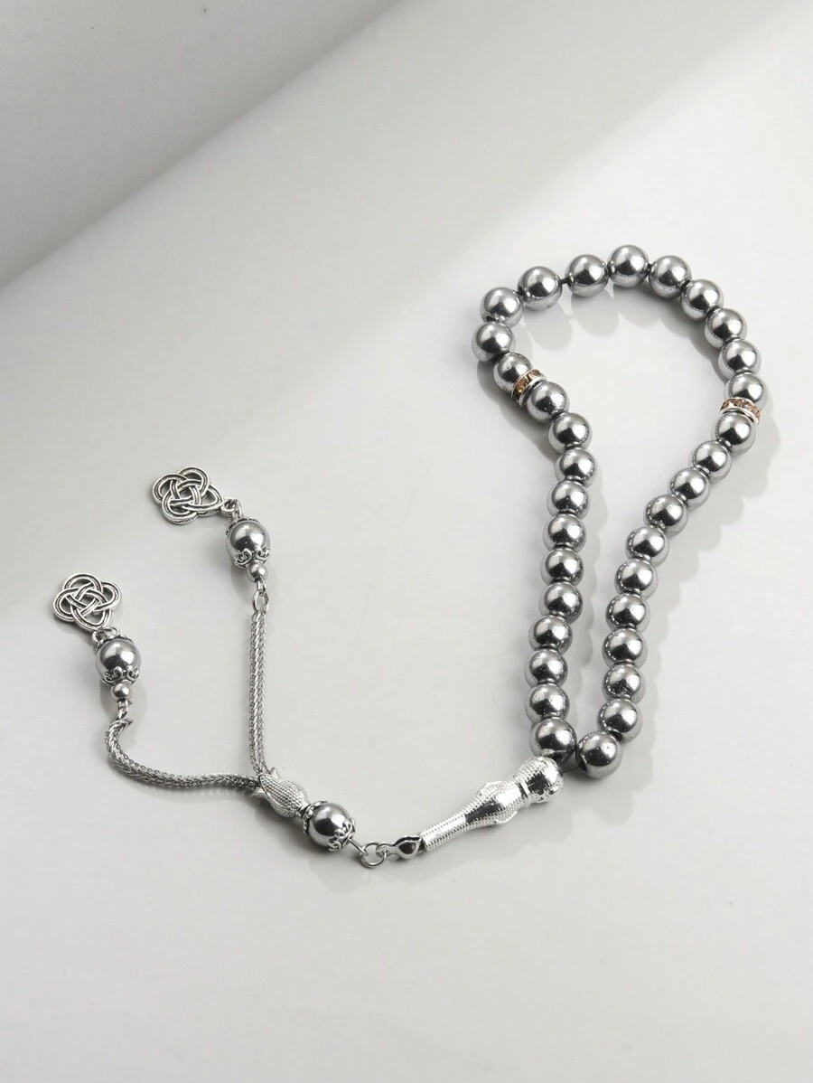 1pc Stylish Men's Muslim Prayer Bead Bracelet With Black Onyx, Simple Design - Silver - View 1