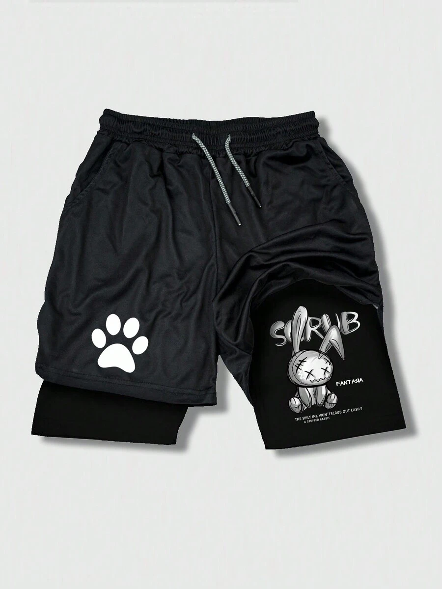 Pantalones cortos de compresión con estampado de conejo gótico para hombre, pantalones deportivos de secado rápido y elásticos para gimnasio, carrera y uso casual en la playa - Negro - Ver 1