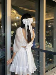 1 件/复古缎带长尾蝴蝶结弹性发带，优雅法式女士发饰，适合日常佩戴万圣节情人节 - 白色 - 查看 3