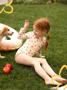 少女長袖花卉泳衣 - 黃色 - 查看 2