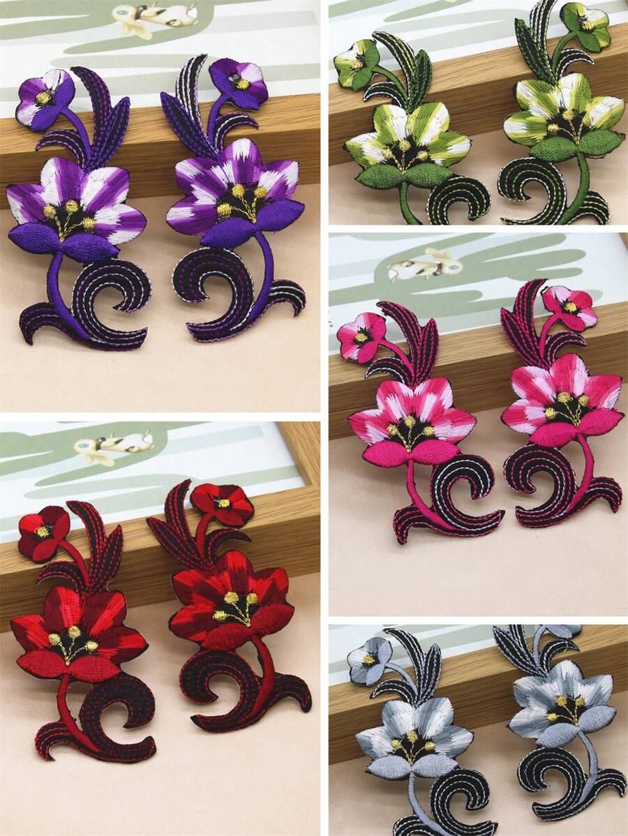 2入組多色花刺繡布貼，背面帶有熱熔膠片，適用於衣帽包DIY - 紫色 - 查看 1